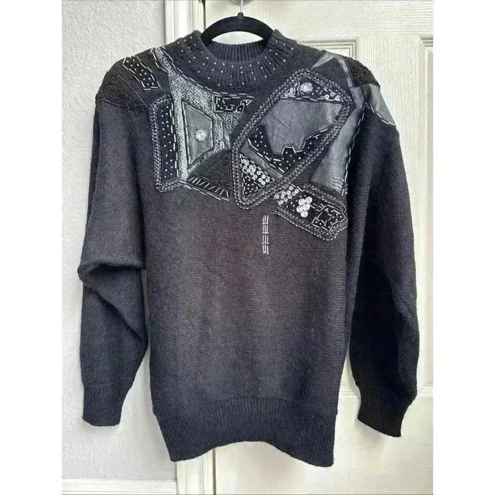 Vintage 80s Ms Organically Grown Acrylic Pullover Black Patch Work Sweater